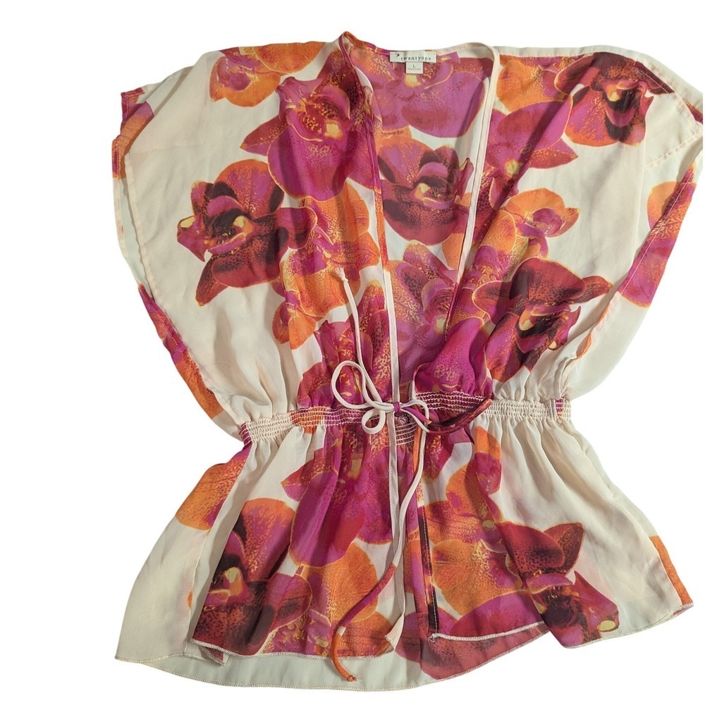 Twenty One Floral Kimono Top‎ Large Pink Orange Orchid Sheer Smocked Waist Boho